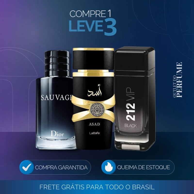 Kit 3 Perfumes Importados (100ml) - Lattafa Asad | 212 VIP Black | Dior Sauvage [BLACK FRIDAY] - Outlet do Perfume